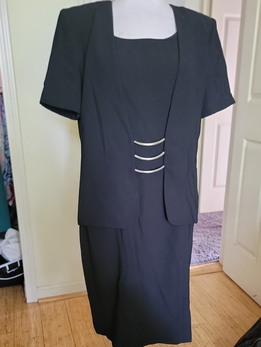 Danny & Nicole Black Two-Piece Skirt Suit with Silver Accents